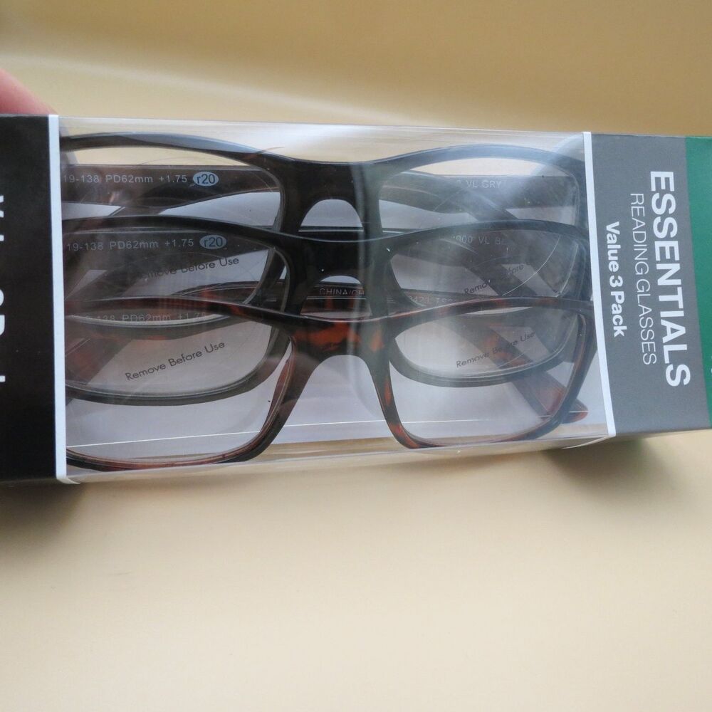 ESSENTIALS Reading Glasses +1.75 Magnification Value 3 Pack Lightweight